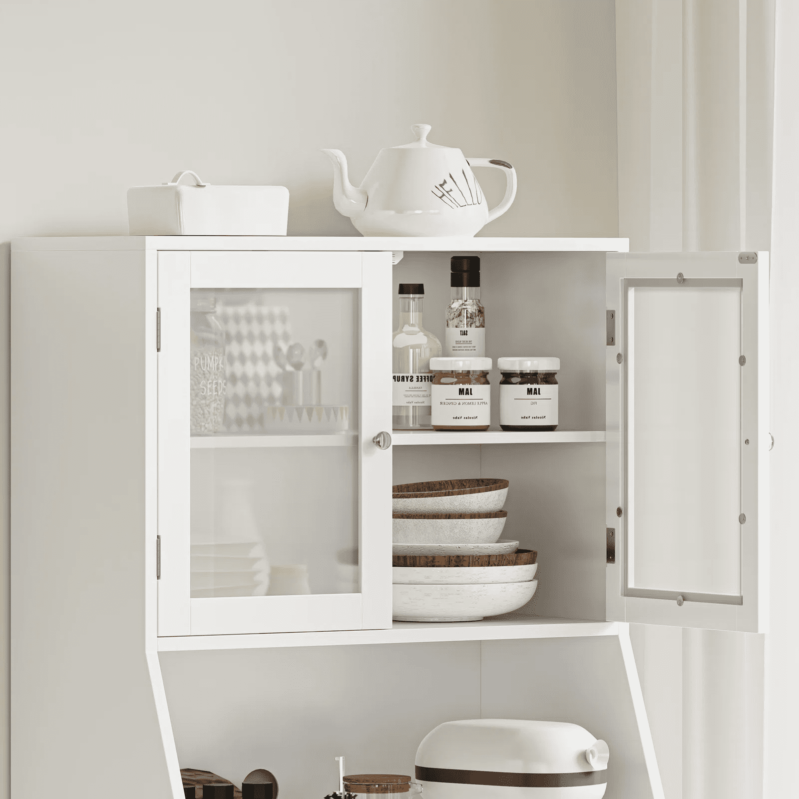 Homfa 64.1'' Kitchen Pantry with Microwave Shelf, 4 Drawers Storage Cabinets with Glass Door for Dining Room, White
