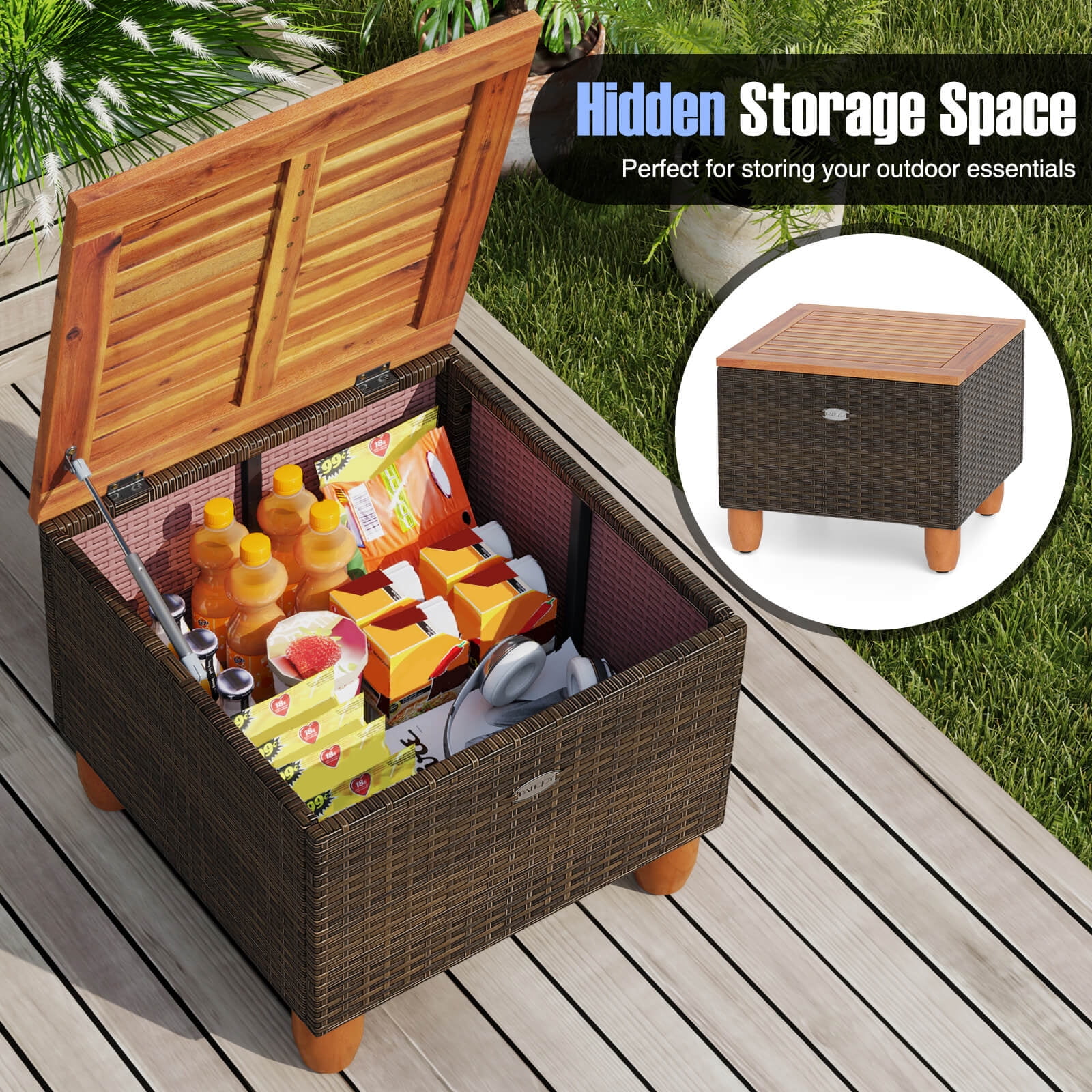 Costway 3 PCS Outdoor Patio Rattan Bistro Furniture Set Wooden Table Top Cushioned Sofa Navy
