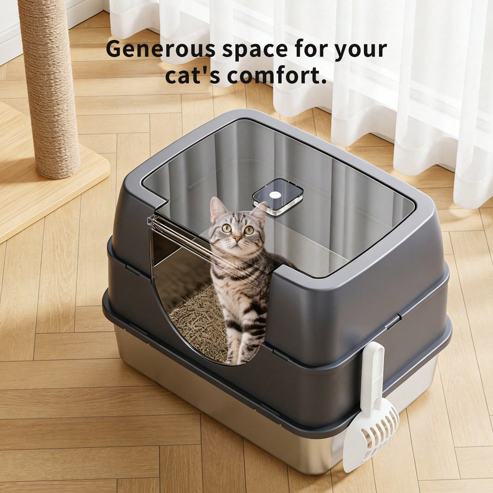 Stainless Steel Litter Box with Lid, Side Entry Large Enclosed Cat Litterbox for Kitty & Multi-Cat, Flip Cover Easy to Clean, High Sided Metal Cat Litter Pan with Scoop,Anti-Leakage, Non-Sticky