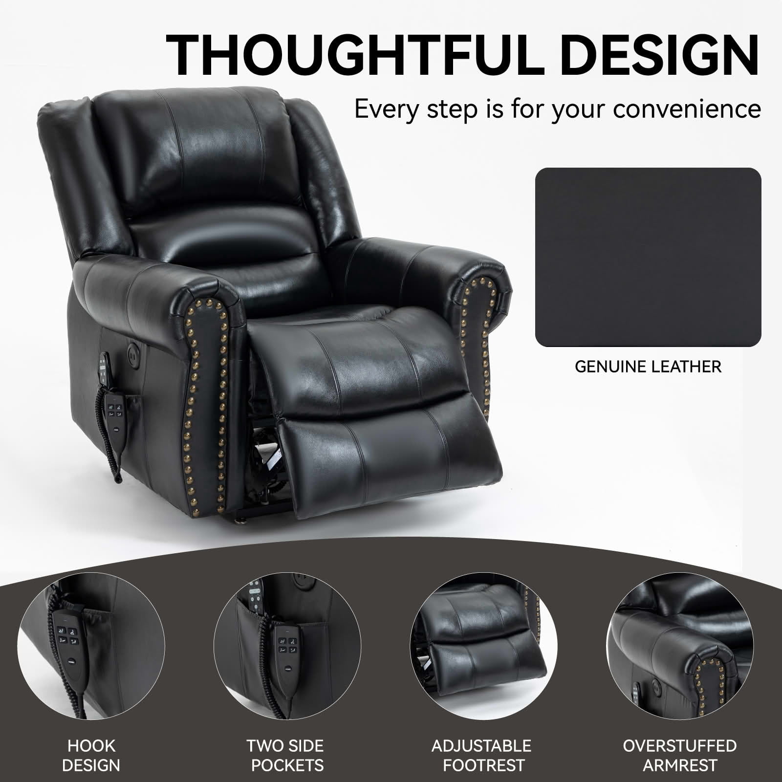 MAYEERTY 350lbs Black Genuine Leather Power Lift Recliner, Dual Motor 180° Infinite Position Tall Chair with Heat Massage USB Ports