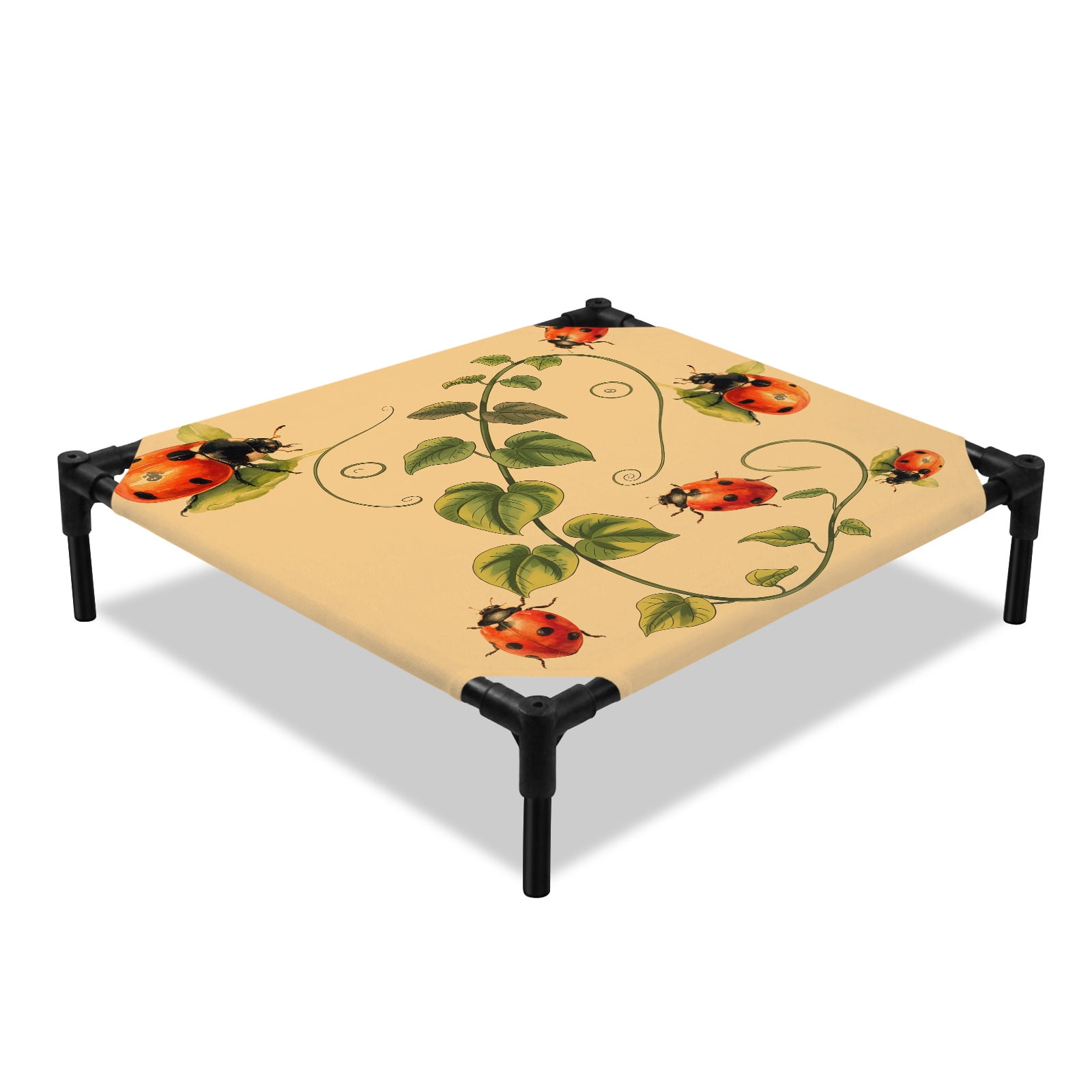 Red Ladybugs Elevated Dog Bed Vines Cartoon Leaves Spring Plants Brown Cooling Breathable Outdoor Raised Dog Cot Bed with Metal Frame Non-Slip Feet for Small Dog 20x20in