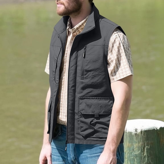 TaTaai Mens Utility Vest Multi Pocket Zipper Stand Collar Sleeveless Loose Breathable for Outdoor Emergency Volunteer Summer Gift