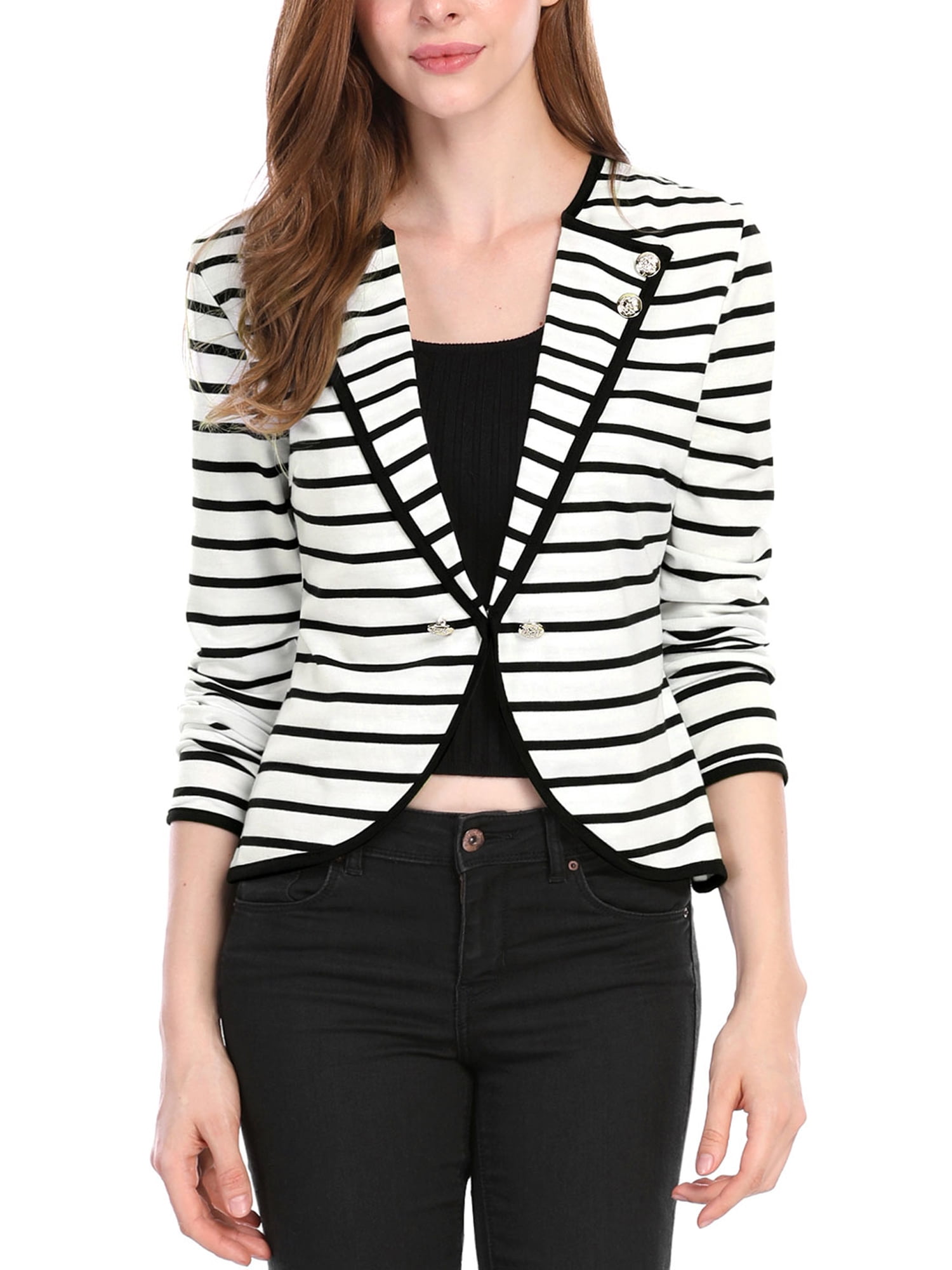 Tanming Womens Casual Office Work Suit Notch Lapel Mid Long Striped Jacket Blazer 