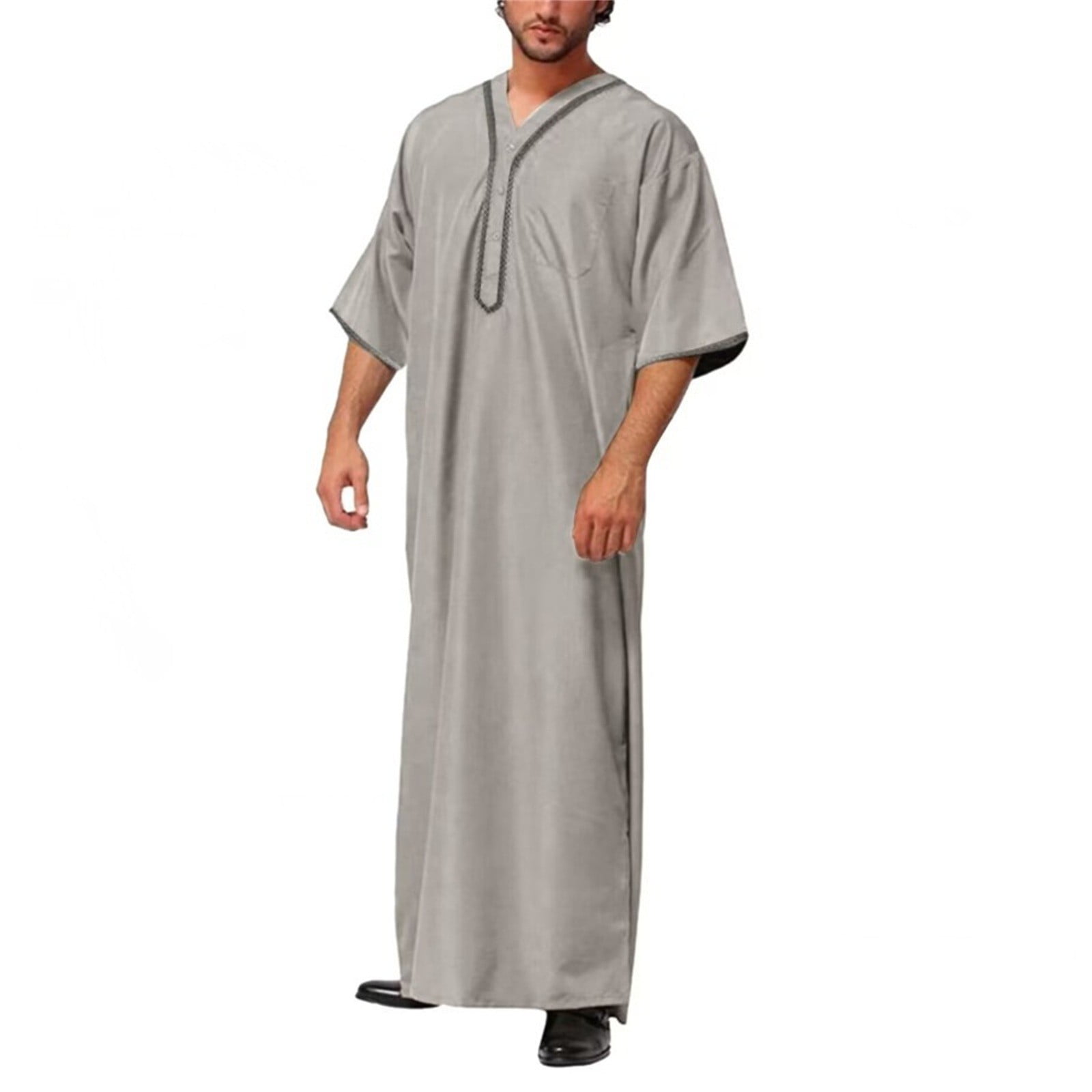 SHUDAGENG Summer Mens Muslim Clothing Loose Robe Button Solid Color