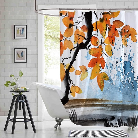 Extra Long 72"x84" Watercolor Ink Tree Leaves Branch Shower Curtain Set with Hooks,Orange and Blue Abstract Landscape with Grass Bathroom Curtain, Waterproof Bath Curtain