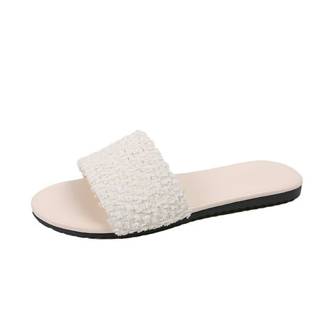 

Funicet Slides for Women Woman s One-line Sandals Flat Slippers Color Everything Matching Sandals Beige 39
