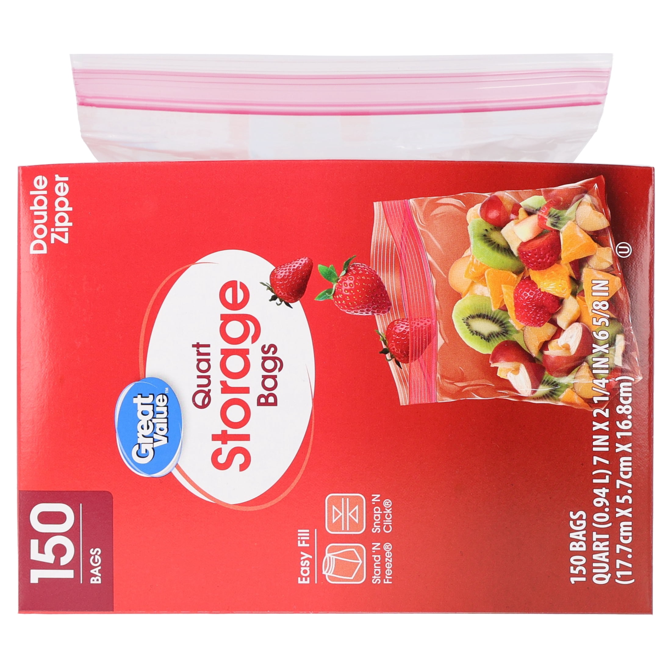 Great Value Double Zipper Quart Storage Bag, 150 Count