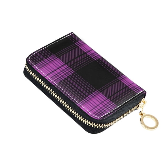 Lilac and Black Tartan Plaids Women's Credit Card Holder PU Leather Zipper Wallet RFID Blocking