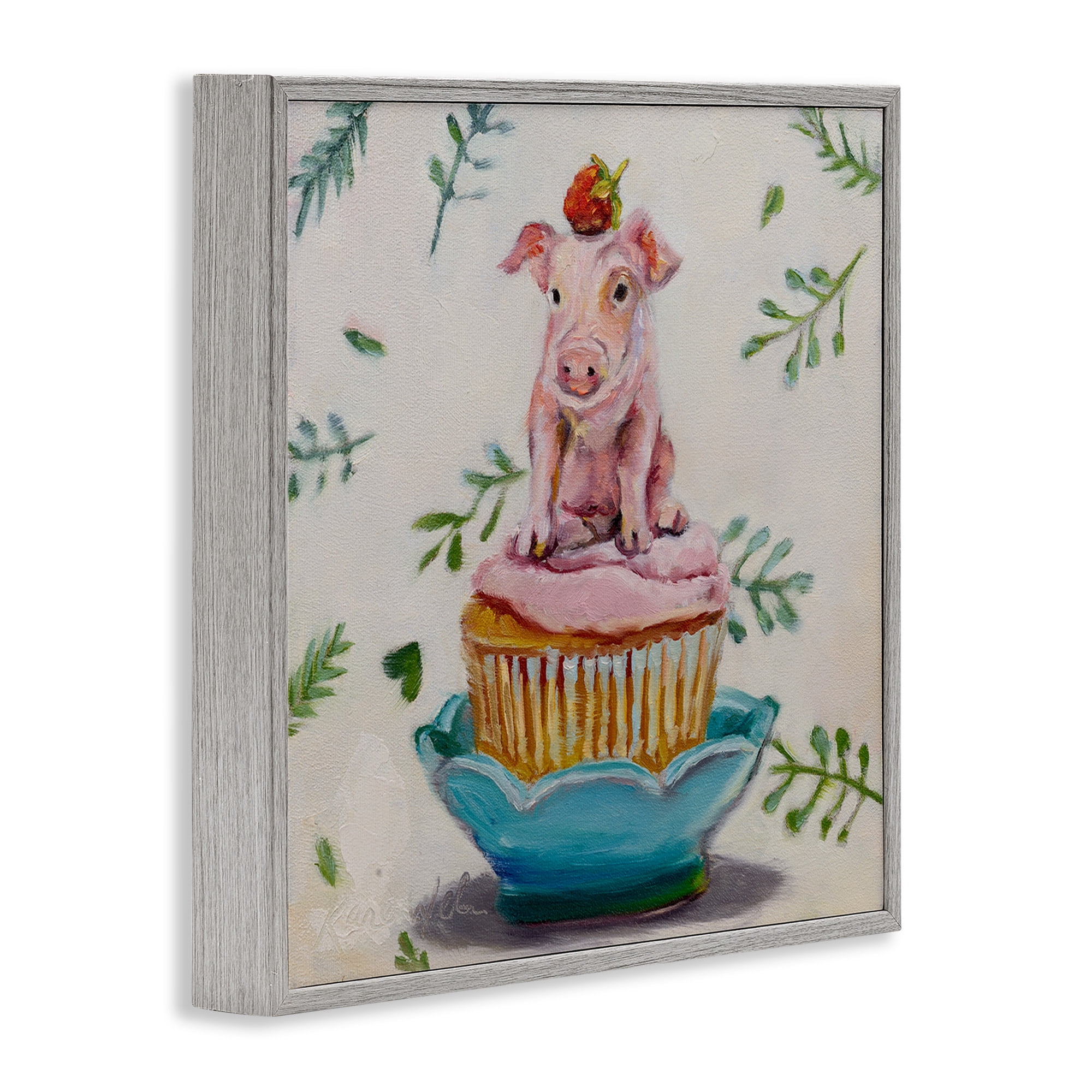 Stupell Industries Teacup Pig on Cupcake Animals & Insects Painting Gray Framed Art Print Wall Art, 24 x 24