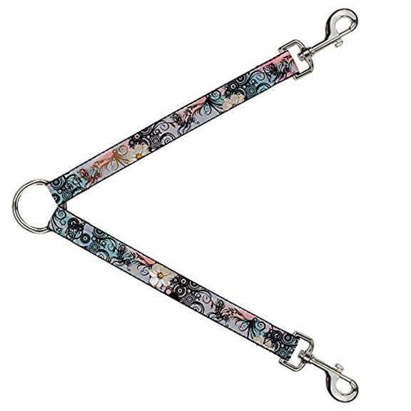Buckle-Down Leash Splitter - Flowers w Filigree Pink - 1" Wide - 30" Length