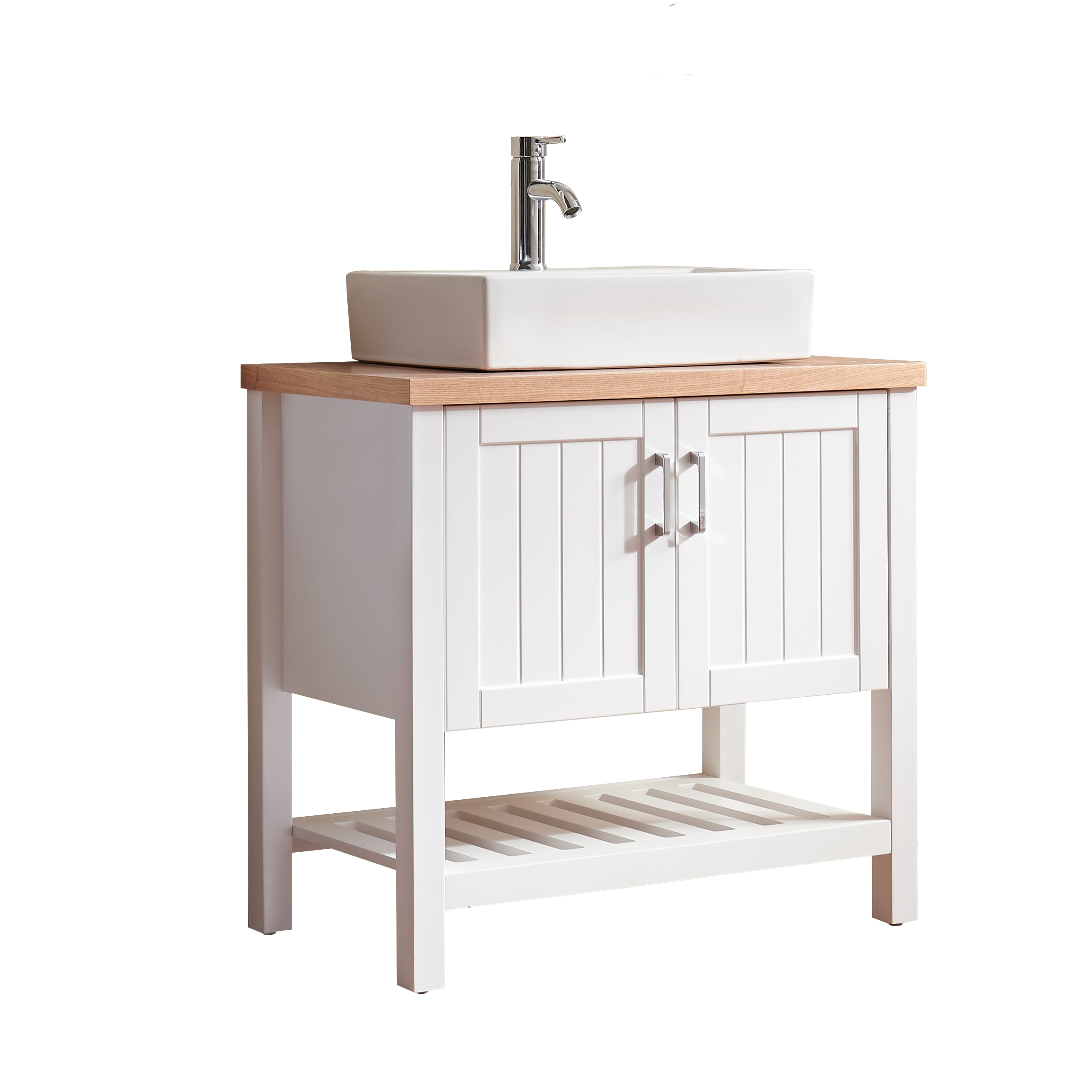 FFZ 32" Bathroom Vanity with Sink, Solid Wood Cabinet with Doors & Open Shelf, White+Natural