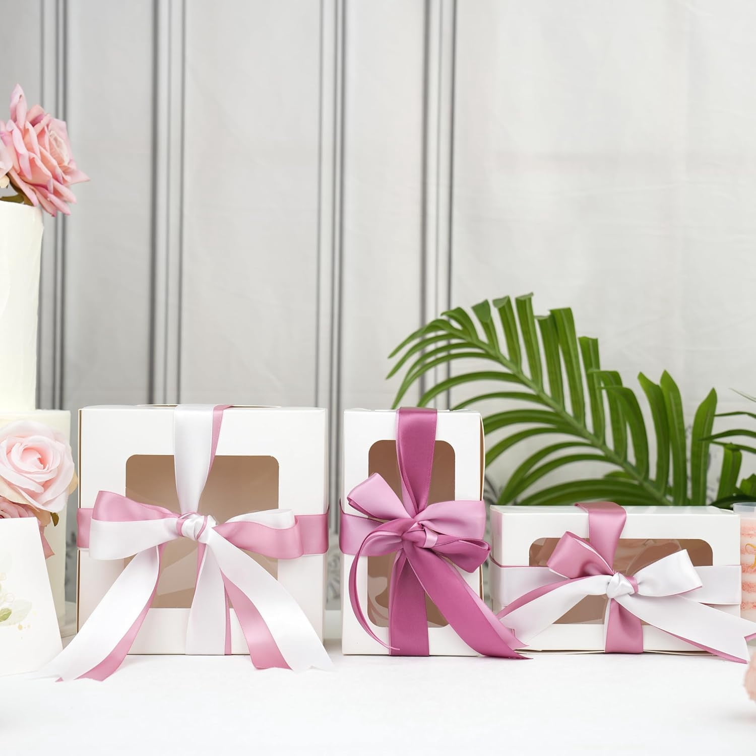 Rose Pink Satin Ribbon 1 Inch, Dusty Rose Mauve Double Face Ribbon, 5 Rolls Assorted 50 Yards for Wedding Bouquet Wrapping, Gift Wrapping, Hair Bows, Crafts
