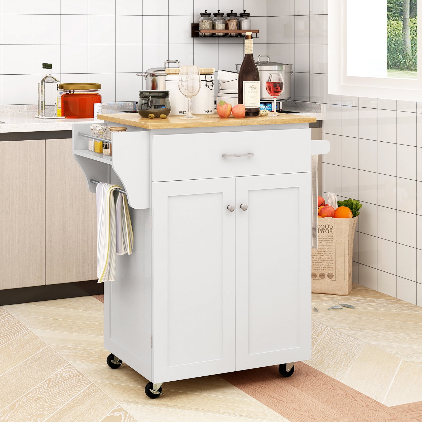 Giantex Kitchen Island w/Storage Cabinets, Trolley Cart w/Adjustable Height Shelves & Wheels, Spice Rack, Towel Rack, White