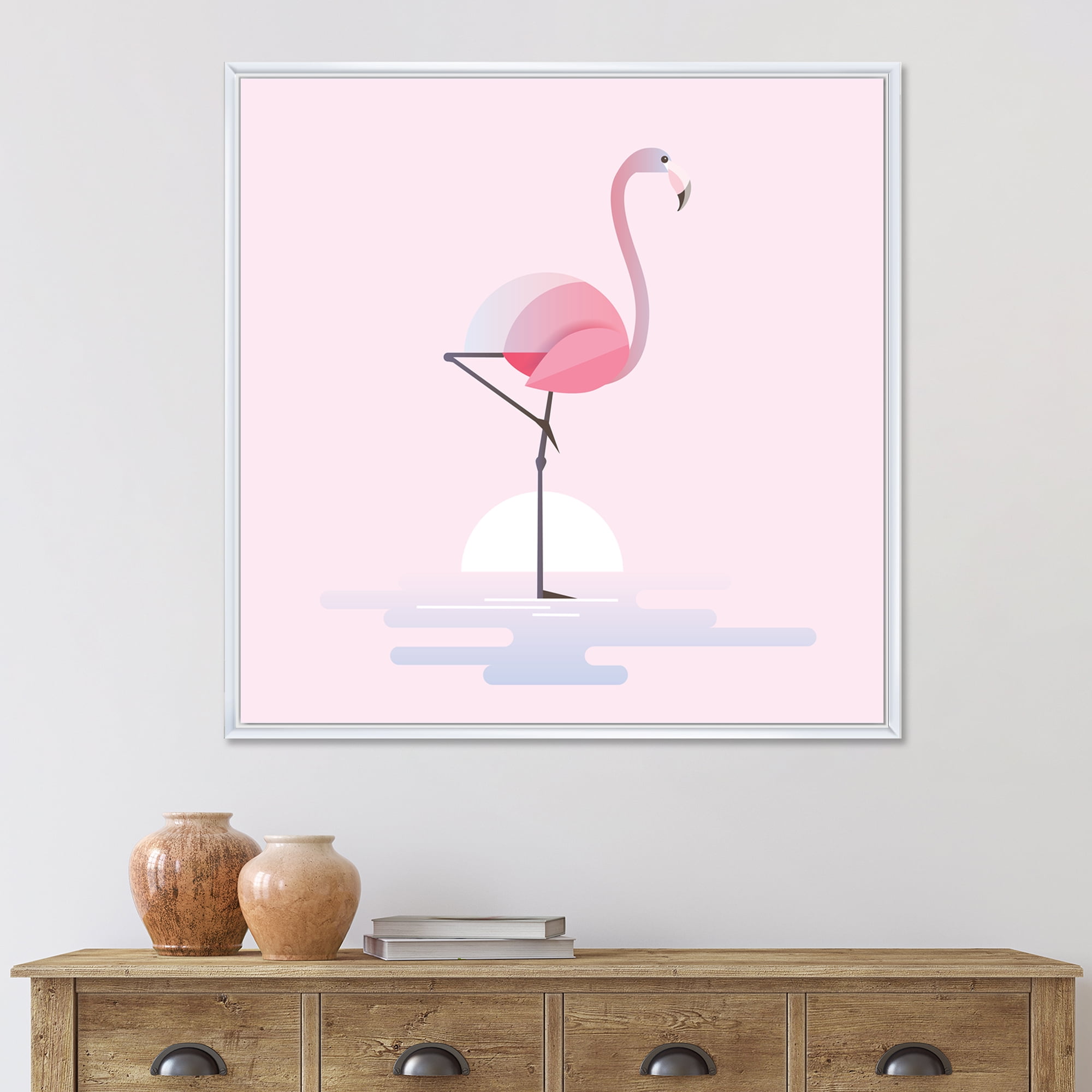 Standing On One Toes Pink Flamingo 16 in x 16 in Framed Painting Canvas Art Print, by Designart