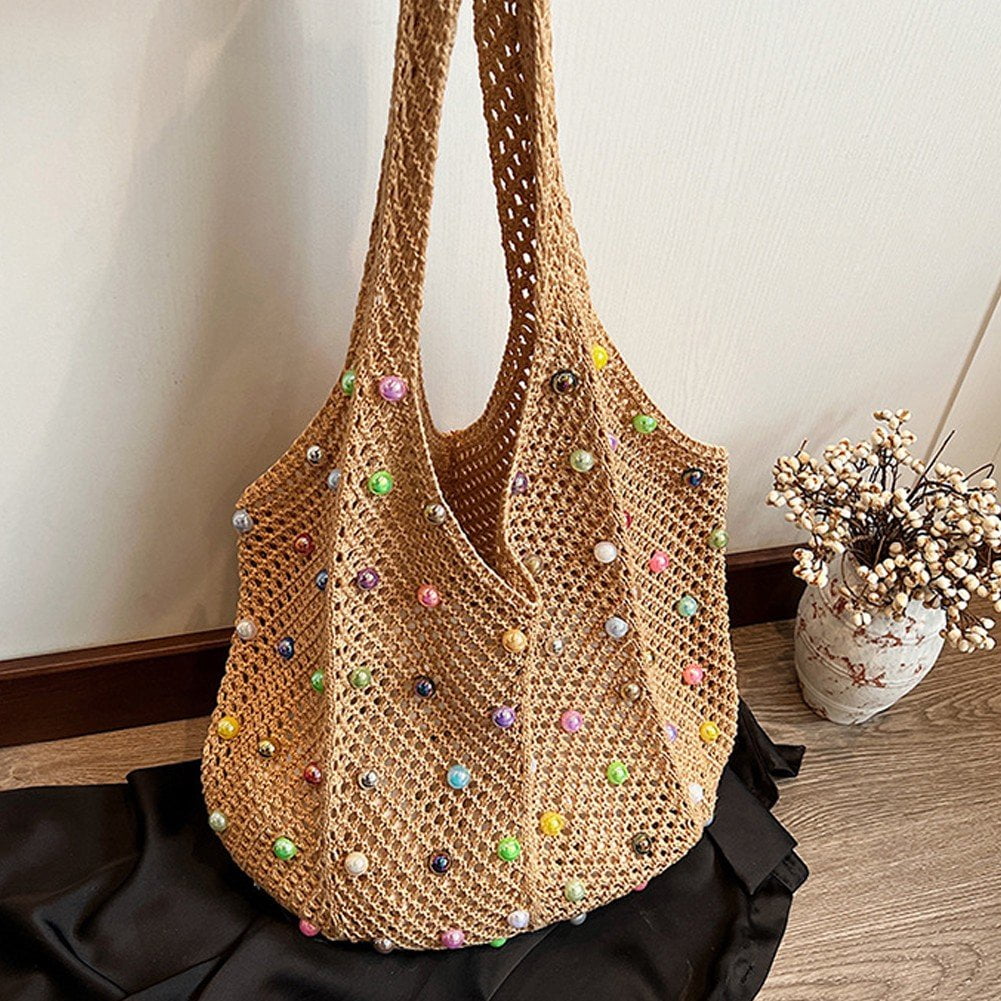 Jiibva Crochet Beach Bags Woven Travel Tote Boho Shoulder Bag Hollow Knitting Handbag Mesh Shoulder Bag Women Knitted Handbags for Holiday, Daily Work