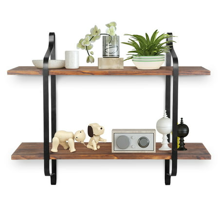 Ejoyous Rustic Style Floating Storage Shelves Wall Mounted Storage Shelves for Pantry Living Room Bedroom Kitchen, 2 Tier Wood Storage