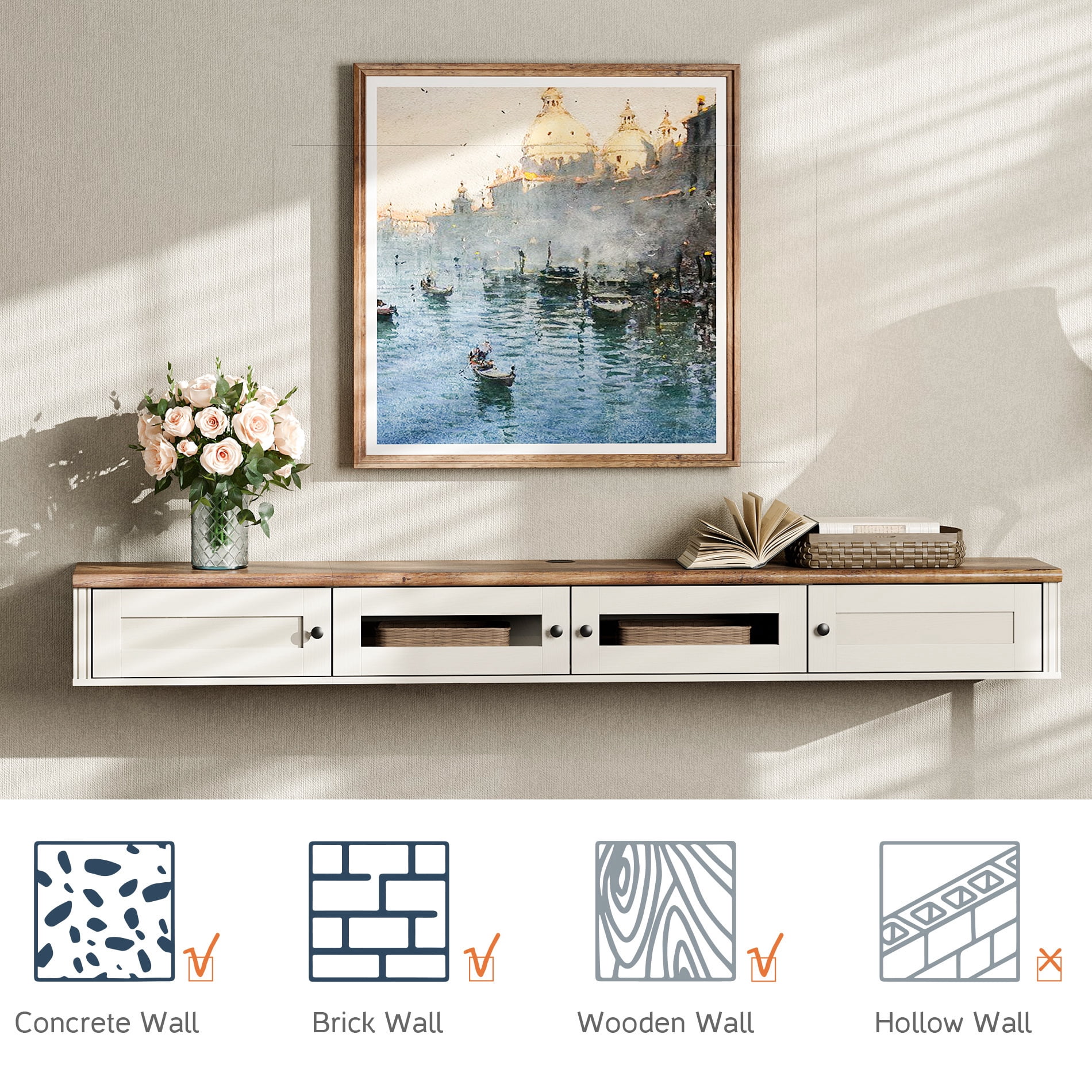 Wooden Wall-Mounted TV Shelf with Charging Station，White