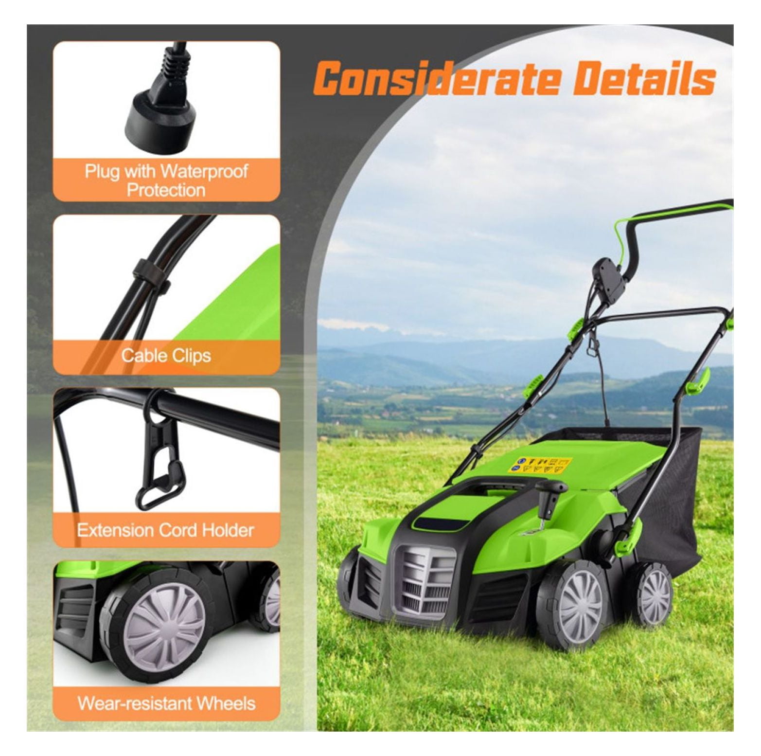 Electric Lawn Dethatcher, 16-Inch Corded Scarifier, 2-in-1 Adjustable Dethatcher with Grass Bag for Lawn Care - Green