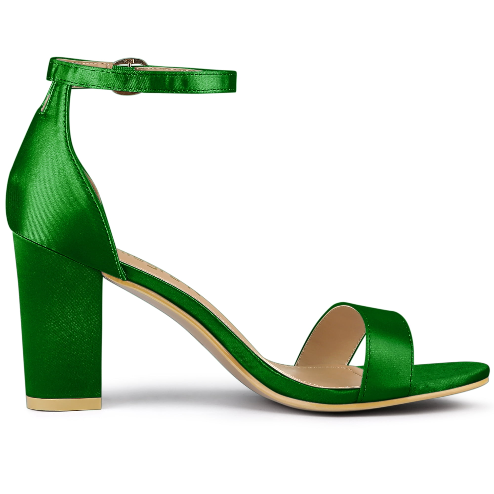 DARING DIVA Women's Satin Ankle Strap Chunky Heels Green 7