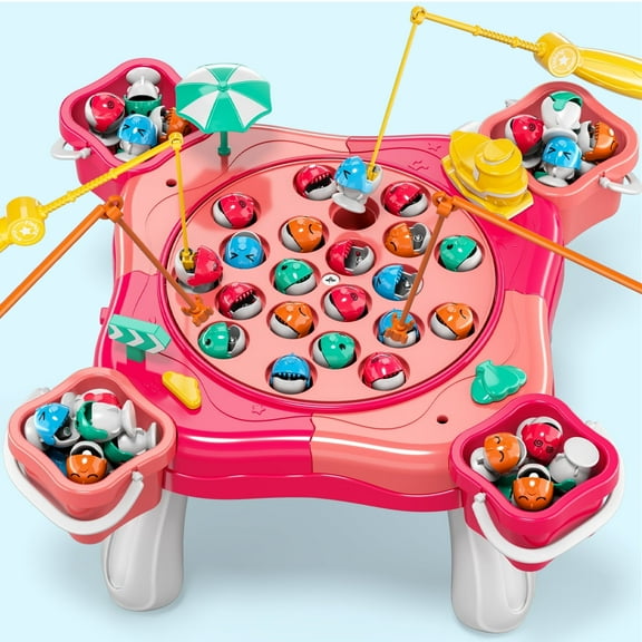 Rotating Fishing Toy Red Table with Music, interative game toys with 2 fishing modes Bite hook, Christmas birthady gifts for kids, fishing toy with accessories