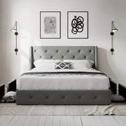 Allewie Full Size Bed Frame with 4 Storage Drawers and Button Tufted & Wingback Headboard, Light Grey