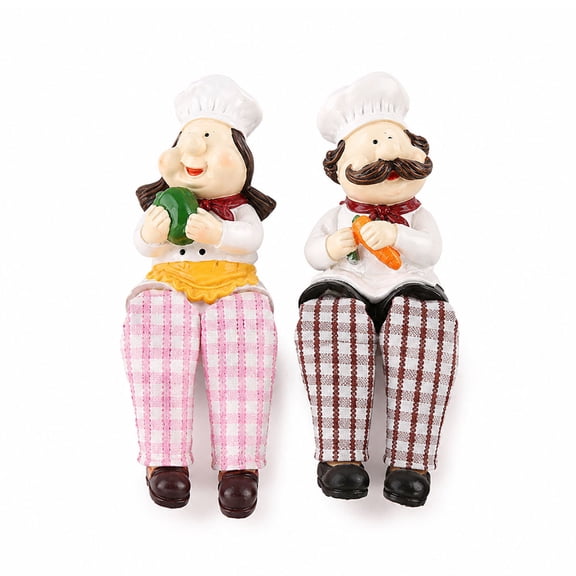 2-Piece Chef Shelf Sitter Figurine Set, 6.3" Resin Decor with Dangling Plaid Fabric Legs, Farmhouse Bistro Kitchen Countertop Ornament