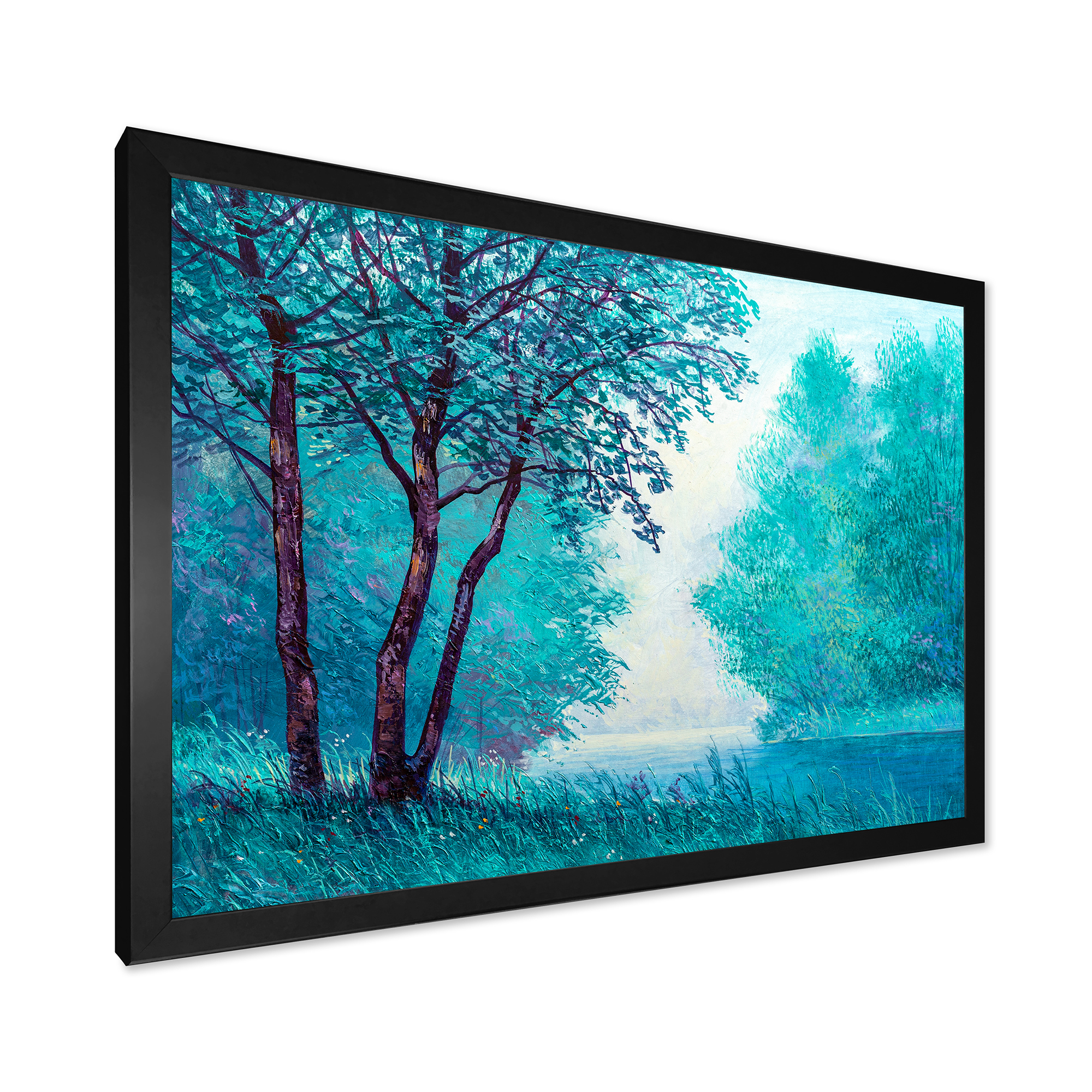 Designart 'Blue Coloured Tree Impression By Riverside' Lake House Framed Art Print