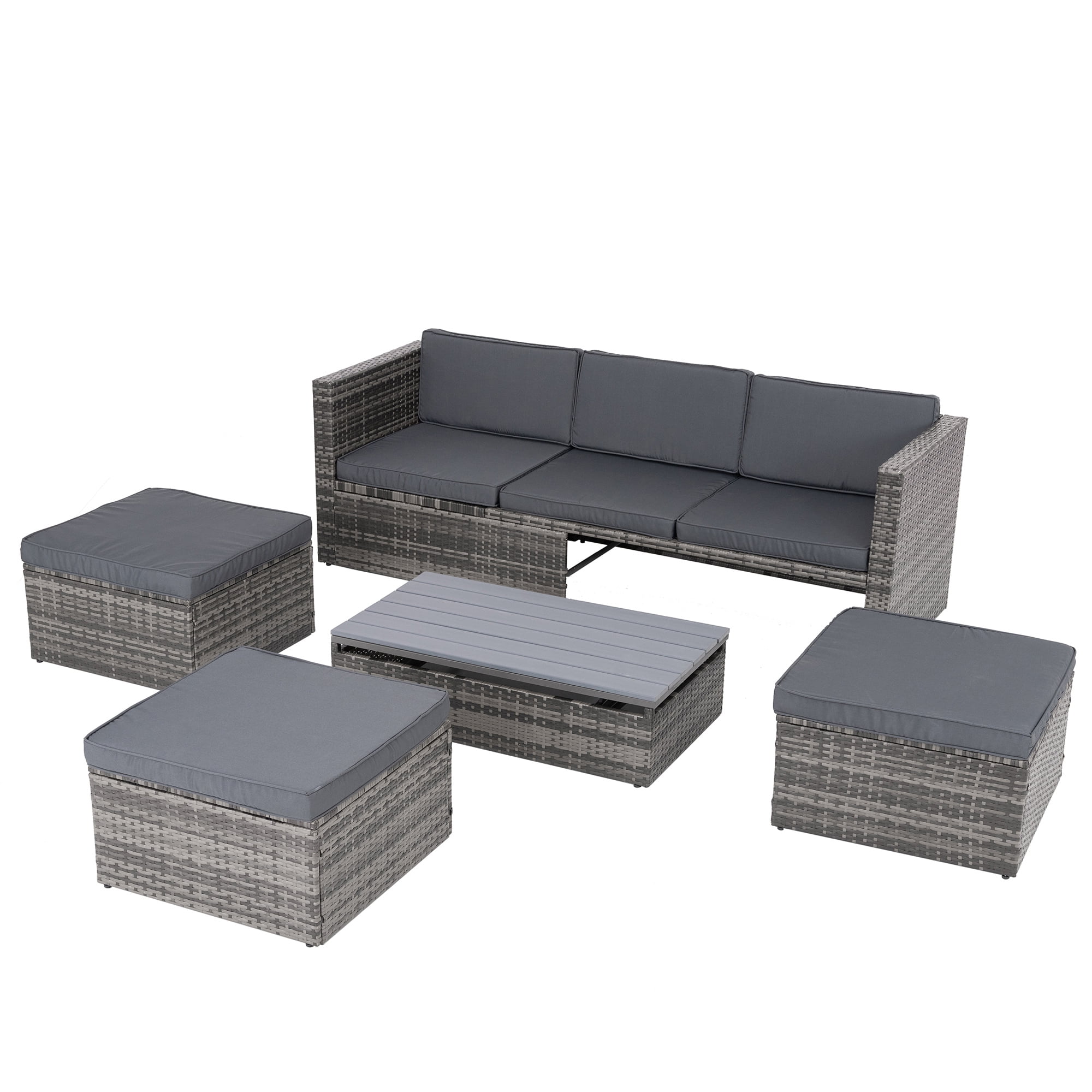 5 Piece Patio Furniture Set, All-Weather Outdoor Conversation Set with Lift-top Coffee Table & Ottomans, Adustable Backrest Wicker Sectional Seating Group for Patio Deck Garden Pool, Gray