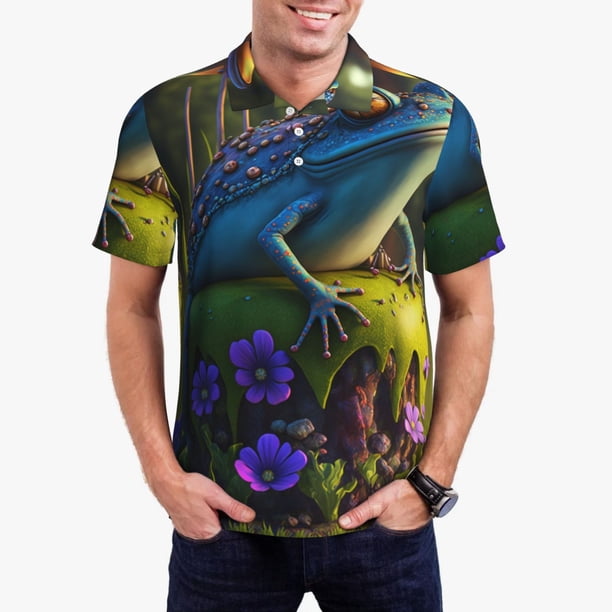 Fotbe Cute Blue Frog Camiseta Polo de Golf para Hombre con Estampado – Camisa Deportiva Transpirable con Cuello Abotonado-X-Large