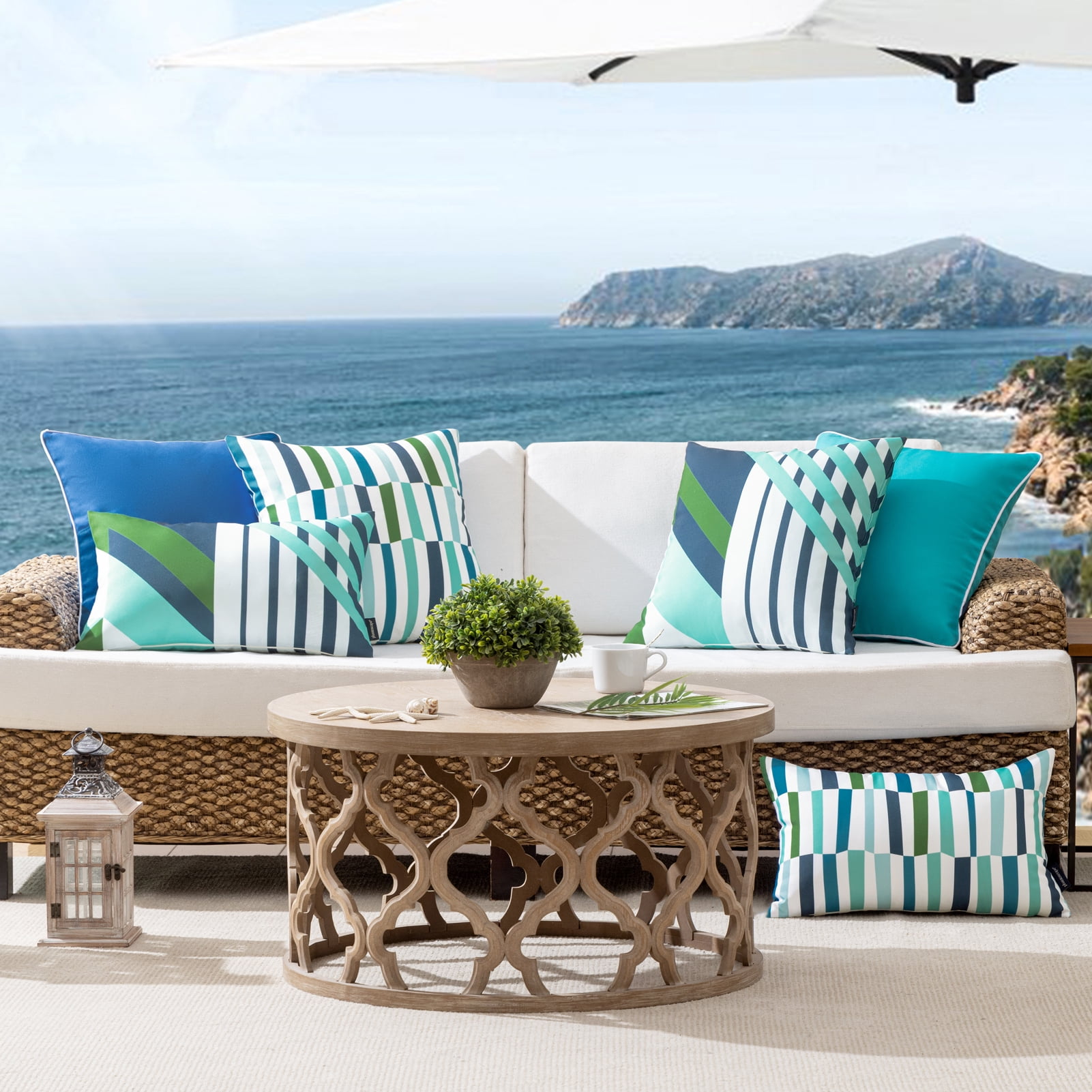 Phantoscope 2 Pack Waterproof Outdoor Decorative Throw Pillow 20x20, Geometric Color Block Patio Cushion Cases for Couch & Tent, Navy Blue