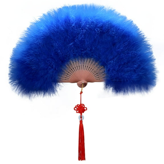 Blue Vintage Feather Folding Hand Fan with Tassels – Elegant Stage Performance, Dance Costume, Party, Home Decor, Gift