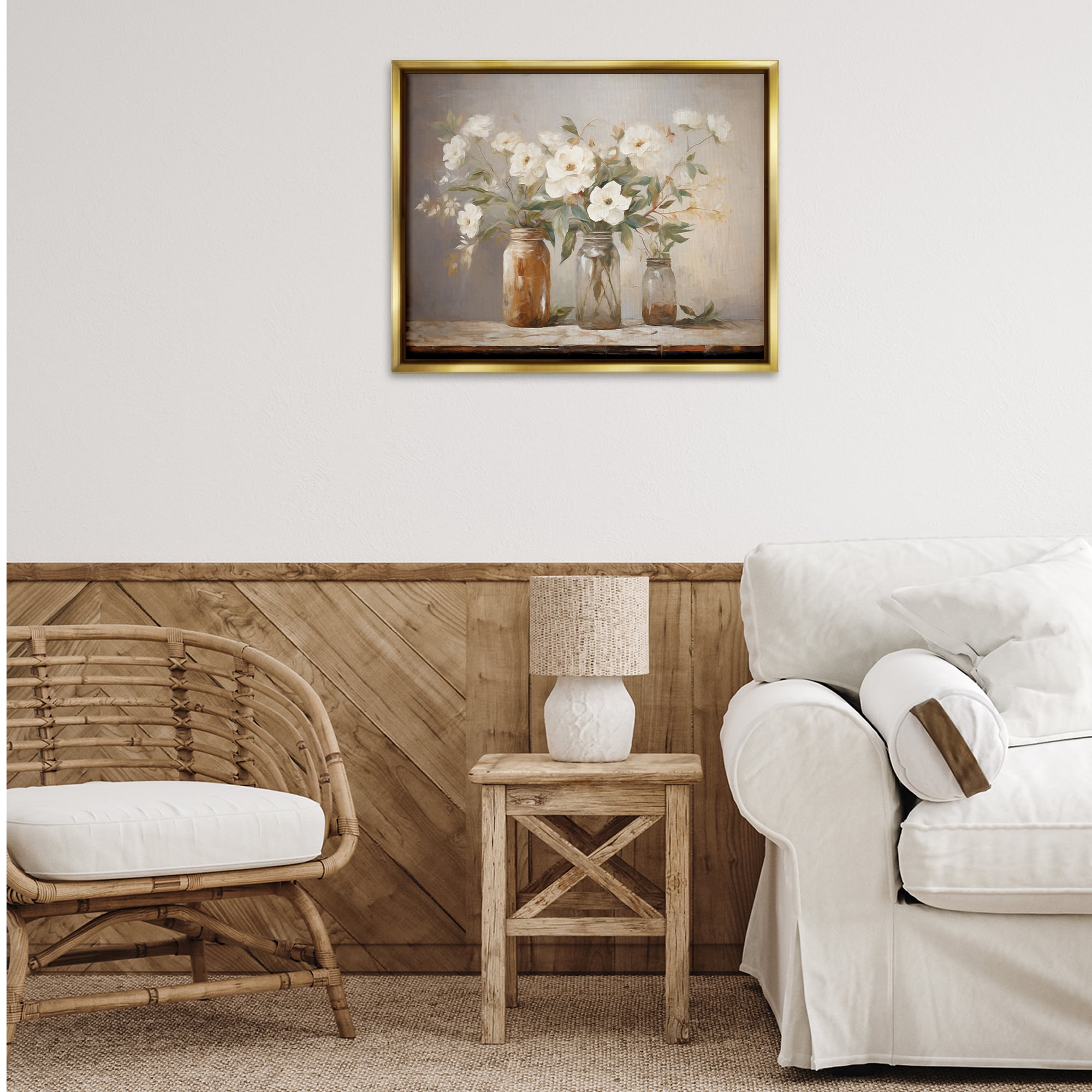 Stupell Industries Country Magnolia Jars Botanical & Floral Painting Gold Floater Framed Art Print Wall Art, 31 x 25