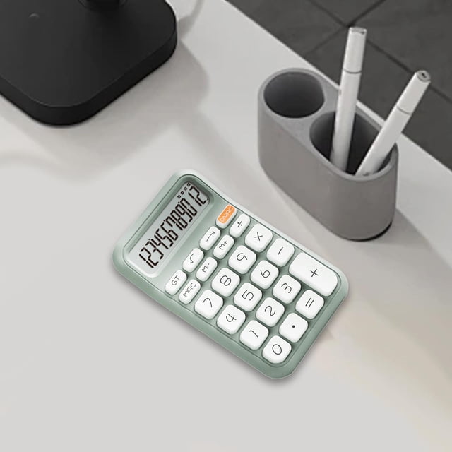 Calculadora mecánica silenciosa de mano de 12 dígitos, 14,8 x 9,3 cm, pantalla ergonómica con inclinación de 18 grados para de oficina, Verde