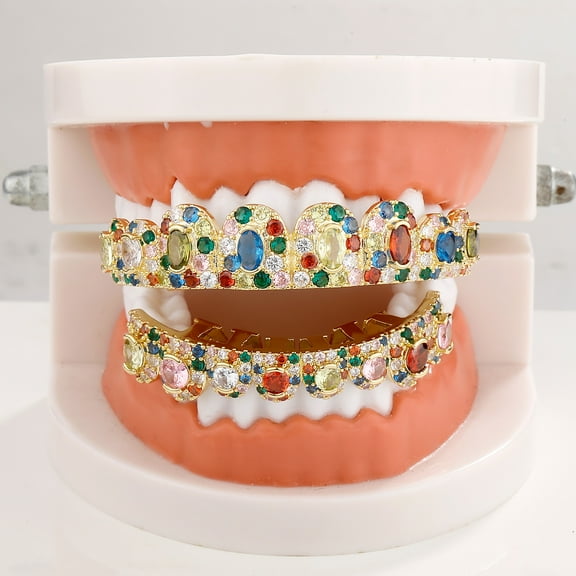 Christmas Themed Copper Grillz for Men & Women, Multi-Color Zirconia Jewelry with Red Green Blue Yellow Gems, Festive Hip Hop Party Dental Accessory