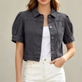 thumbnail image 2 of Miaoju Women's Summer Short Sleeve Crop Denim Trucker Jacket Jean Coat Tops, Grey XXL, 2 of 7