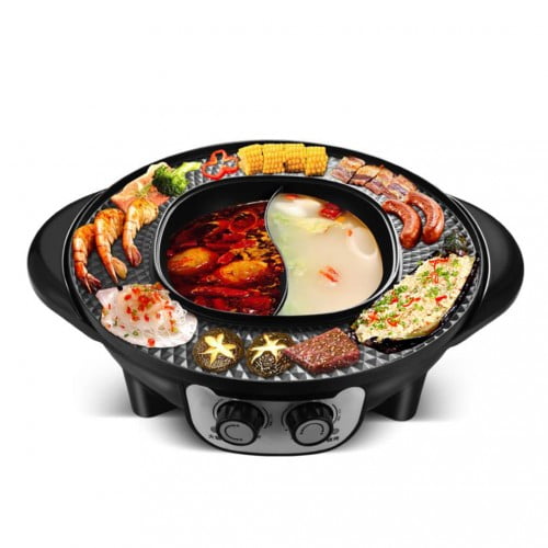 XMZFQ Electric BBQ Barbecue Machine for Indoor/Outdoor,Beige Korean Smokeless Barbecue Grill Nonstick Baking Pan Multi Function Home Cooking Pot with Lid