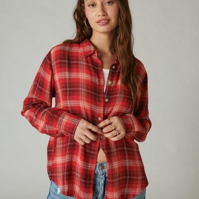 Lucky Brand Cloud Plaid Boyfriend Flannel Shirt - Women's Clothing Tops Flannels