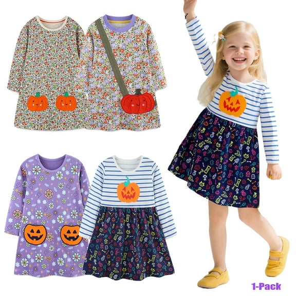 Bellafa Toddler Girls 100% Cotton Embroidery Applique Long Sleeve Dresses 2-7 Years Girl Kids A-line Halloween Pumpkin Party Dresses