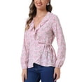 thumbnail image 4 of INSPIRE CHIC Women's Ruffle V-Neck Blouse Floral Self Tie Wrap Peplum Top L Pink Red, 4 of 6