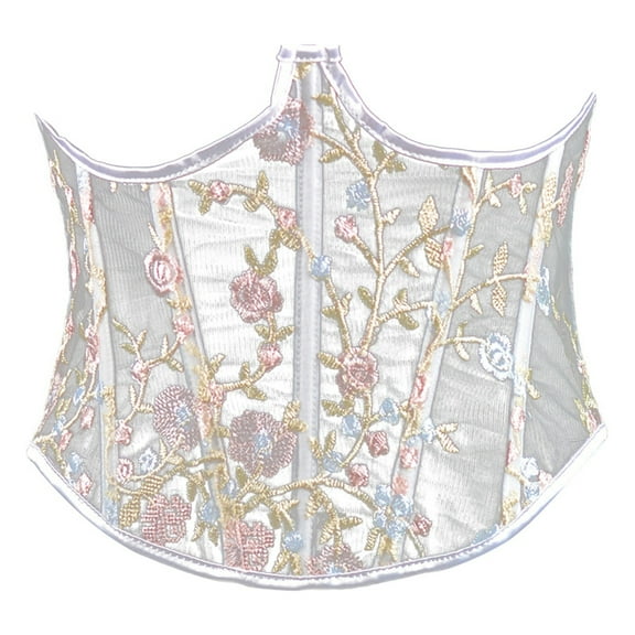 KHONTS,Lace up Corset Bustier Floral Printed Wide Underbust Corset Belt Costume Clothing Dress Waist Belt for Women White XS