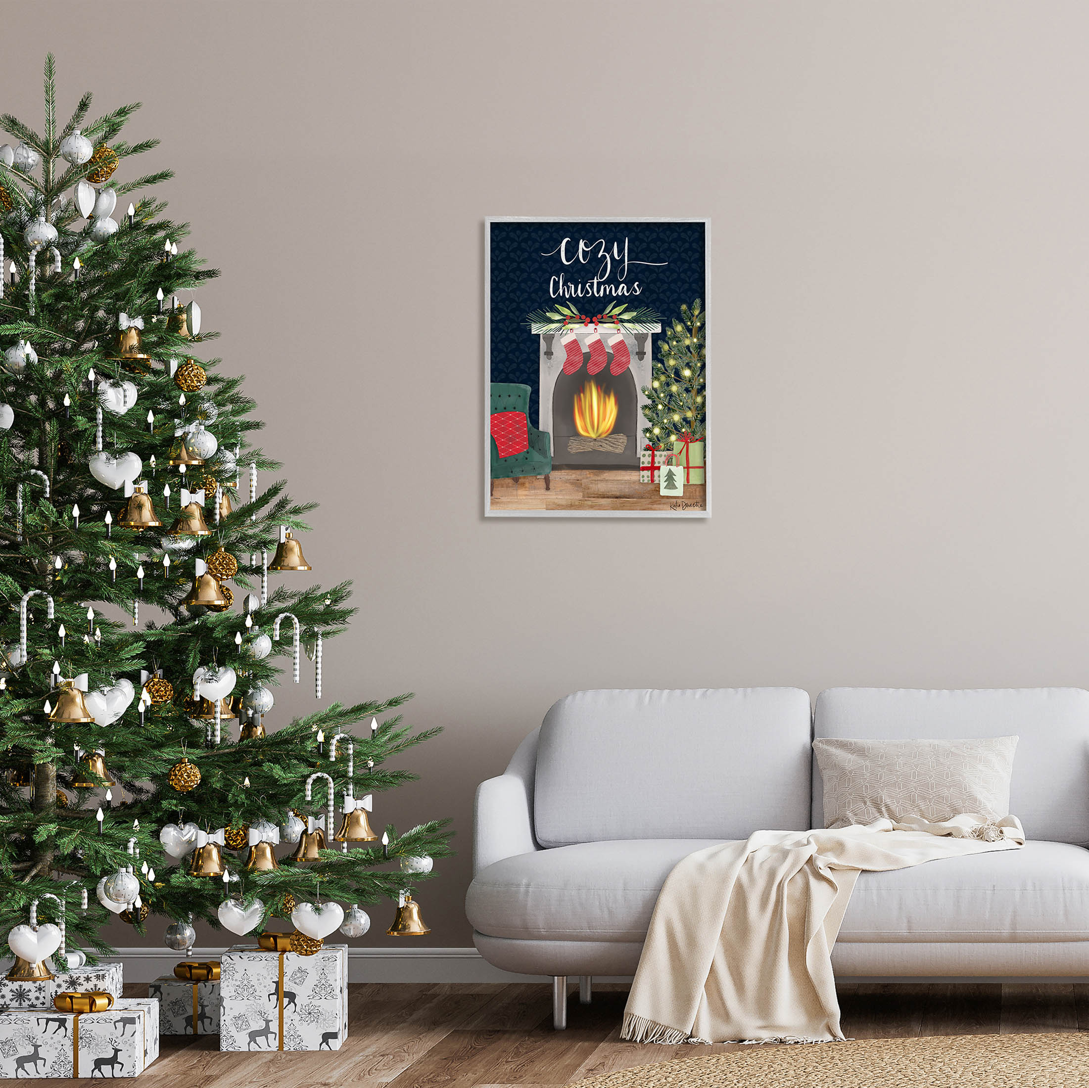 Stupell Industries Cozy Christmas Fireplace Mantle Graphic Art Gray Framed Art Print Wall Art, Design by Katie Doucette