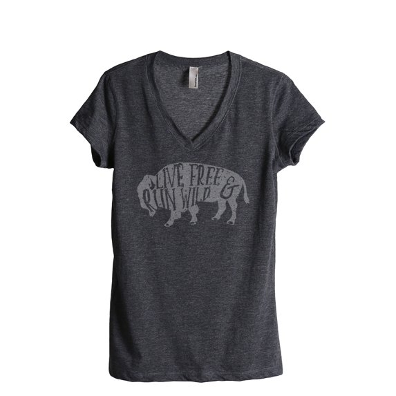 Thread Tank Live Free Run Wild Women's Relaxed V-Neck T-Shirt Tee Charcoal Medium