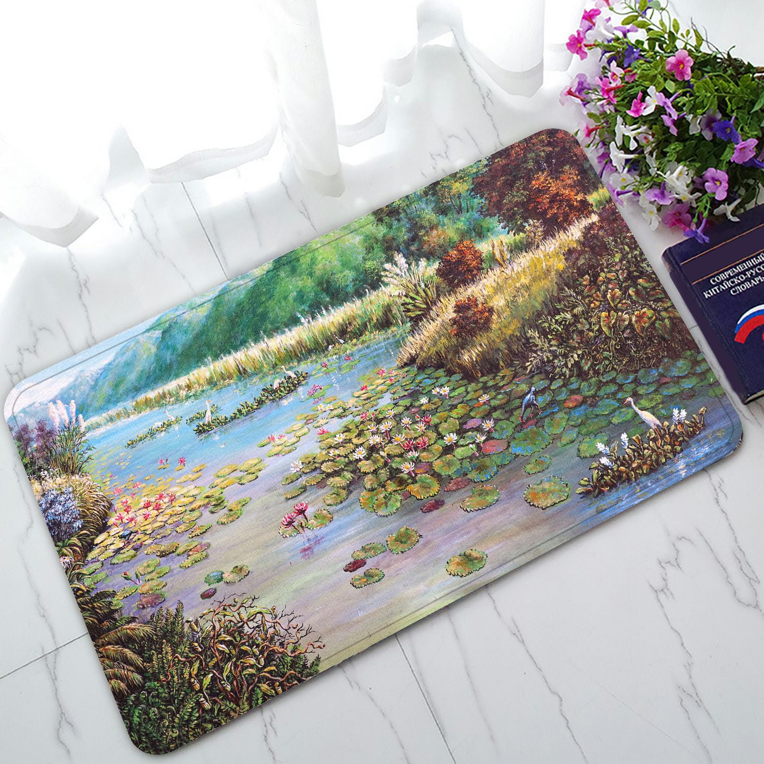 PHFZK Original Oil Painting Doormat, Landscape of Lotus Doormat