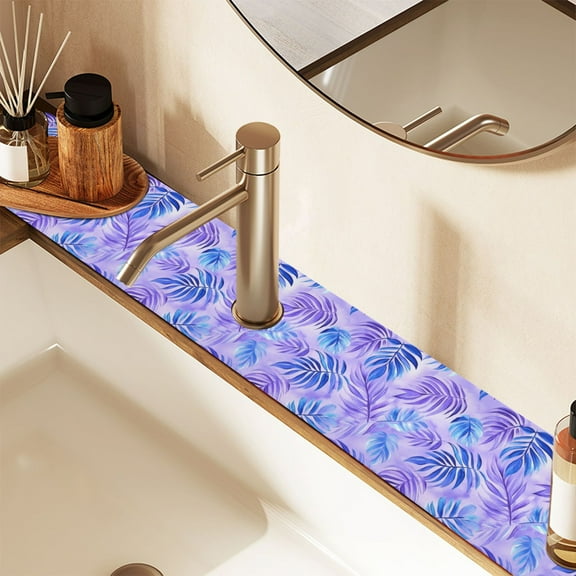 Faucet Mat for Kitchen Sink 30'' Sink Splash Guard Mat Super Absorbent Fast Drying Drain Pad Blue Purple Palm Leaves 2 Pack
