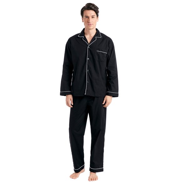 TONY AND CANDICE Men’s Cotton Pajama Set, Long Sleeve Button-Down Woven Sleepwear (Black with White Piping, X-Large)
