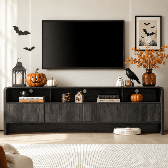 Papajet 70" Modern TV Stand for TVs Up to 80", Wood TV Console with Curved Profile Design & 2 Storage Cabinets, for Living Room, Black