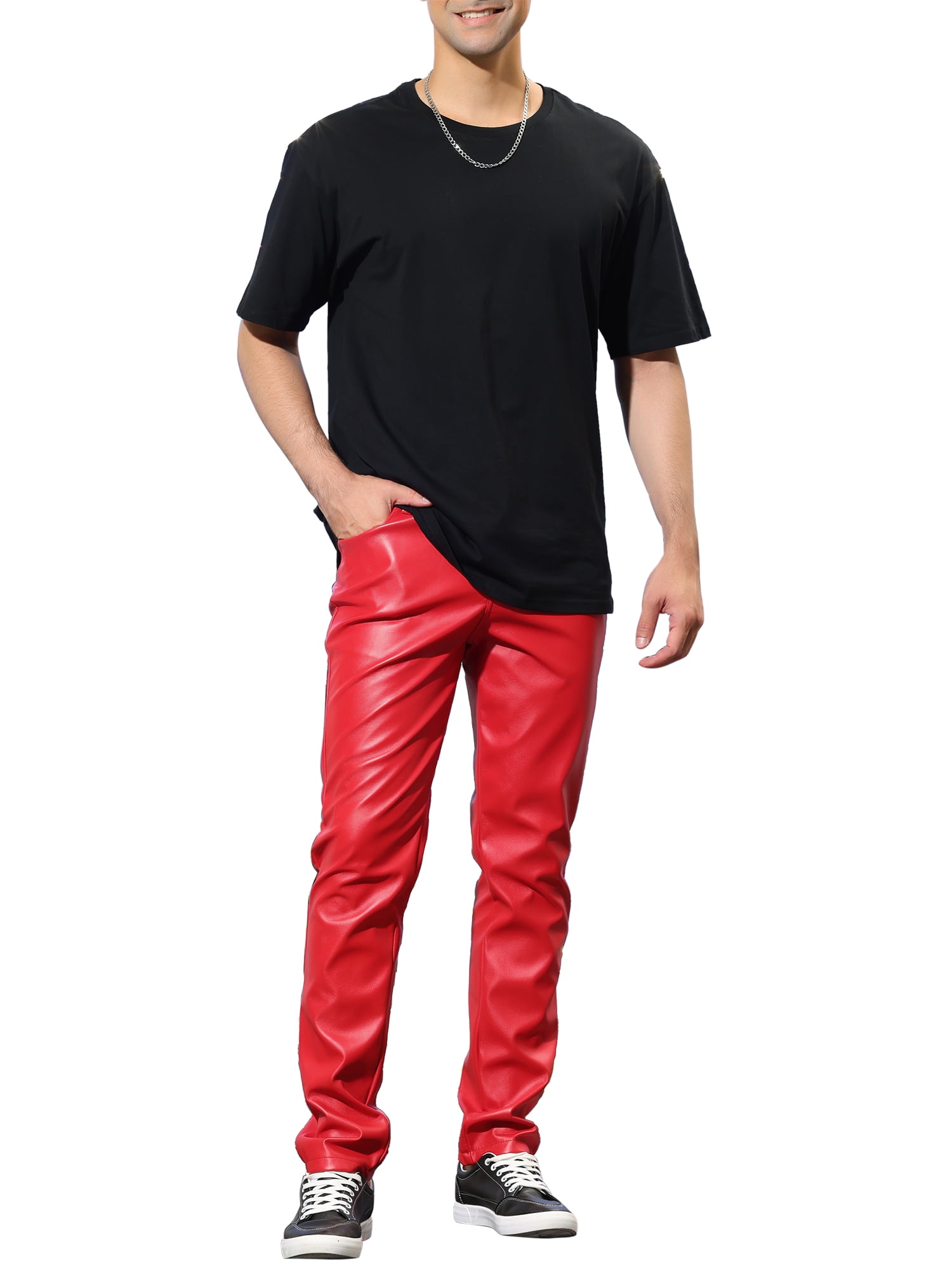 INSPIRE CHIC Men's Pants Faux Leather Slim Fit Zip-Fly Solid Pants 38 Red