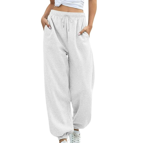 Fiaer Black Sweatpants Plus Size Baggy High Waisted Pants Comfort Casual Trendy Warm Lace up Trousers with Pocket White XL