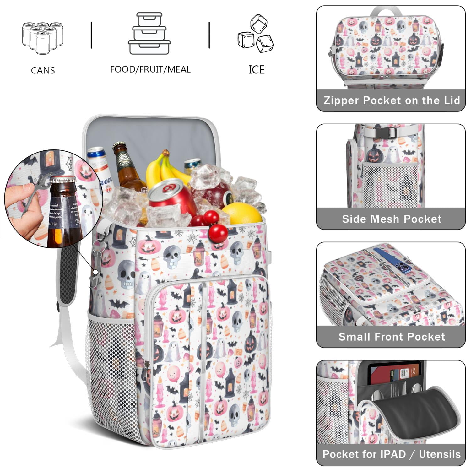 Travel Cooler Bag - Pastel Halloween Pattern Camping Beer Cooler Backpack with Bottle Opener- Waterproof Insulated Picnic Backpacks - Cooler Bag for Beach