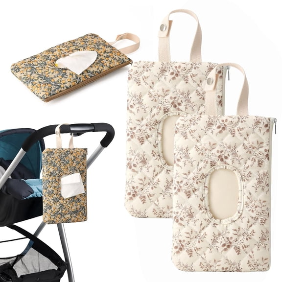 Floral Quilted Wipe Holder Pouch with Strap, Reusable Portable Wipes Case for Stroller & Diaper Bag, Leak-Proof Travel Wipes Dispenser with Floral Pattern (2pcs-Beige)